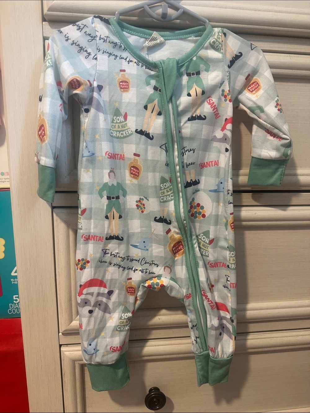 Baby ELF Christmas One-Piece Sleeper in Light Blue and Green